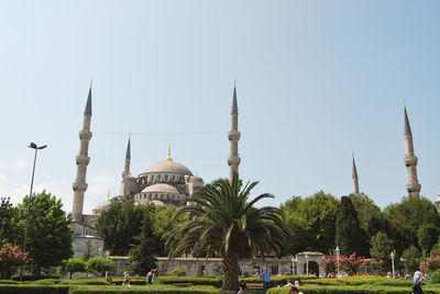 Low angle view of sultan ahmed mosque against sky on sunny day