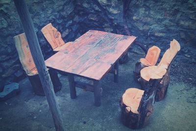 High angle view of empty bench on table