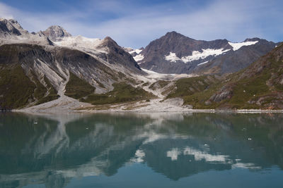 Scenic view of lake and snowcapped mountains against sky