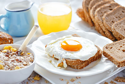 Close-up of breakfast served on table