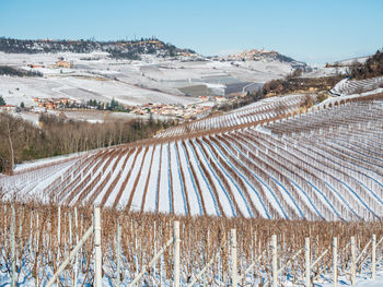 Panoramic shot of agricultural field against sky