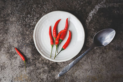 High angle view of red chili pepper on table