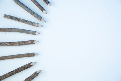 High angle view of stack against white background