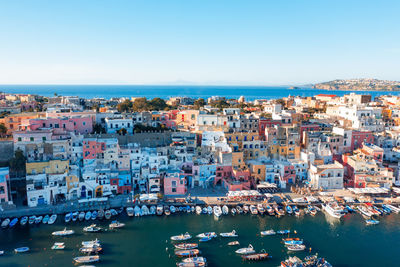 High angle view of cityscape against clear sky