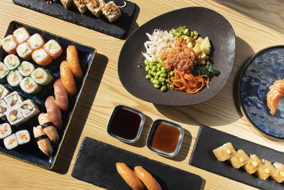 High angle view of japanese food on table