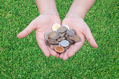 High angle view of hands holding coins over grass