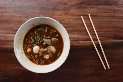 High angle view of soup in bowl on table