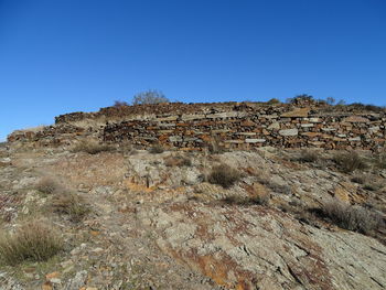 Low angle view of built structure against clear blue sky