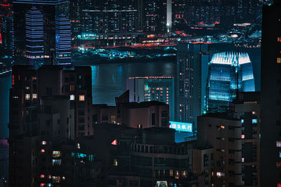 High angle view of illuminated buildings at night