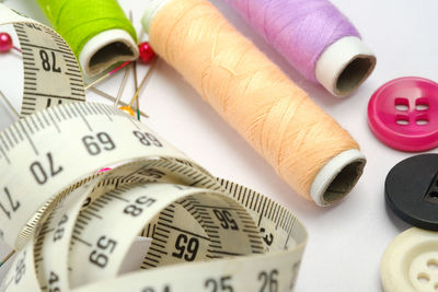 Close-up of multi colored objects on table