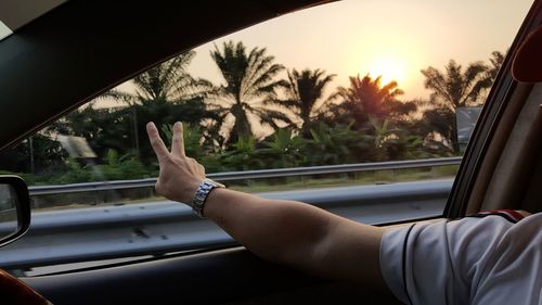 Cropped hand of man gesturing peace sign while driving car