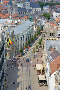 High angle view of street amidst buildings in city