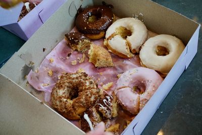 High angle view of food in box on table