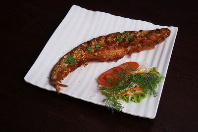 High angle view of food in plate on table