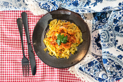 High angle view of food in plate