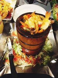 High angle view of meal served on table