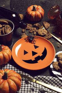 High angle view of pumpkin on table