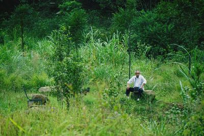 Rear view of man working in farm