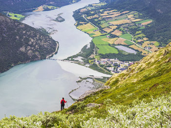 High angle view of river at mountains