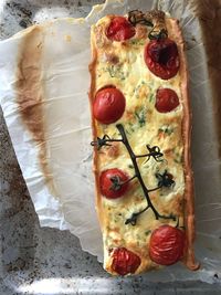 High angle view of pizza on table