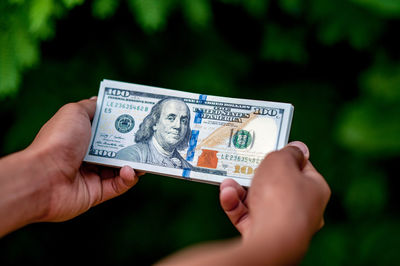 Cropped hands holding paper currency against plants