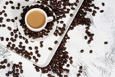 High angle view of coffee cup on table