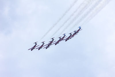 Low angle view of airplane flying against sky