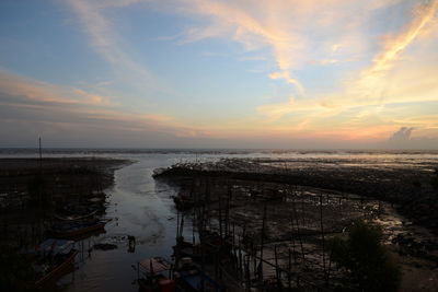 High angle view of sea against sky during sunset