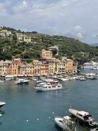 Sailboats moored on harbor by buildings in city against sky