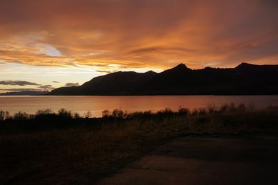 Scenic view of lake against sky during sunset