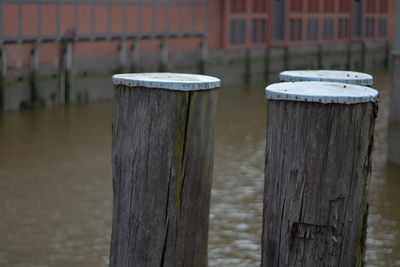 Close-up of wooden post by railing in city