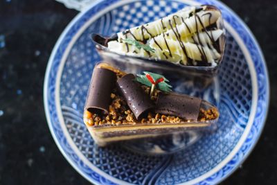 High angle view of dessert in plate on table