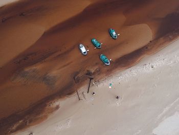 High angle view of wood on sand at beach