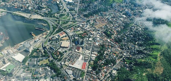 High angle view of tree and buildings in city