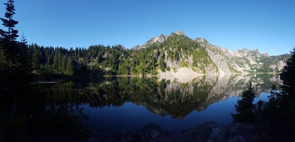 Scenic view of lake and mountains against clear blue sky