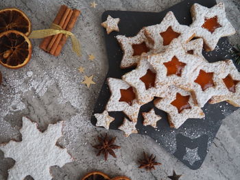 High angle view of cookies on table