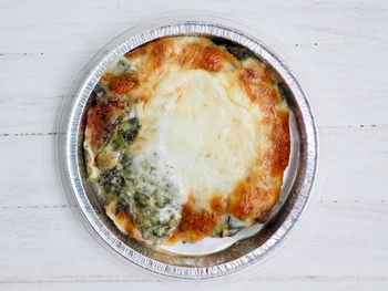 High angle view of pizza on table