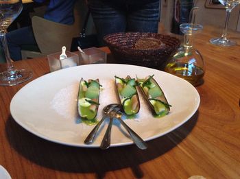 Close-up of served food on table