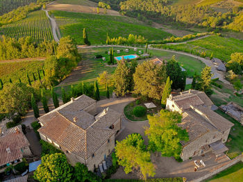 High angle view of trees and buildings