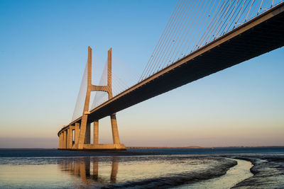 Low angle view of suspension bridge against sky