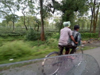 Rear view of man riding bicycle on road