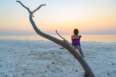 Rear view of woman on beach during sunset