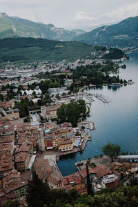 High angle view of townscape by river