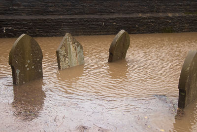 High angle view of wooden posts on beach