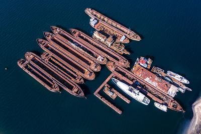 High angle view of ship moored at harbor