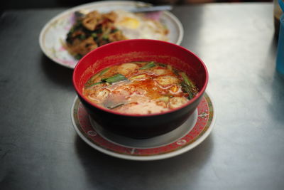 High angle view of soup in bowl on table