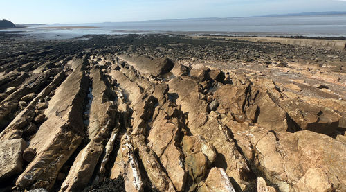 Panoramic view of rocks on land against sky