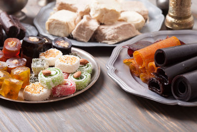 High angle view of food in plate on table