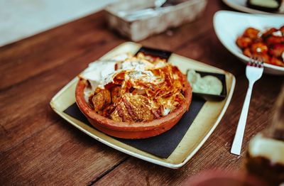 High angle view of food in plate on table