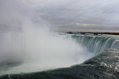 Waterfall against cloudy sky
